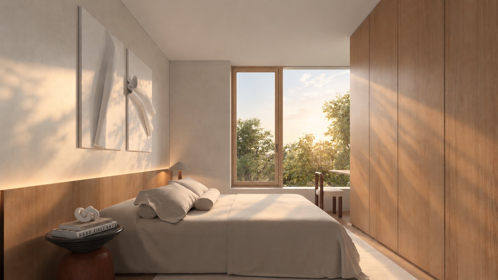 A bedroom in the morning light, oak wardrobes and a tall window onto the trees