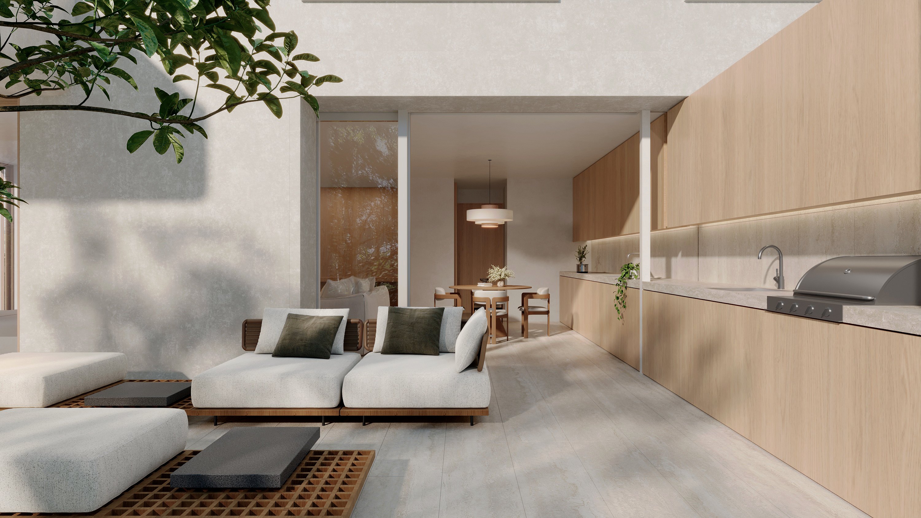 The Garden Residence terrace, living room and outdoor kitchen opening to the garden